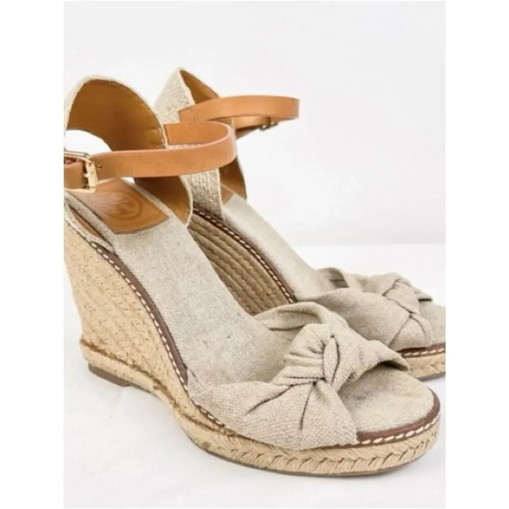 Tory Burch Boho Chic Tan & Natural Knotted Espadrille Wedge Sandals